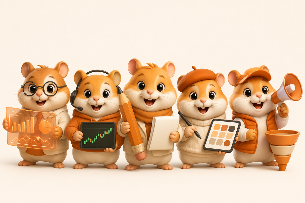 Команда из пяти ИИ-агентов Hamster Club — хомяки: аналитик, трейдер, копирайтер, дизайнер, маркетолог